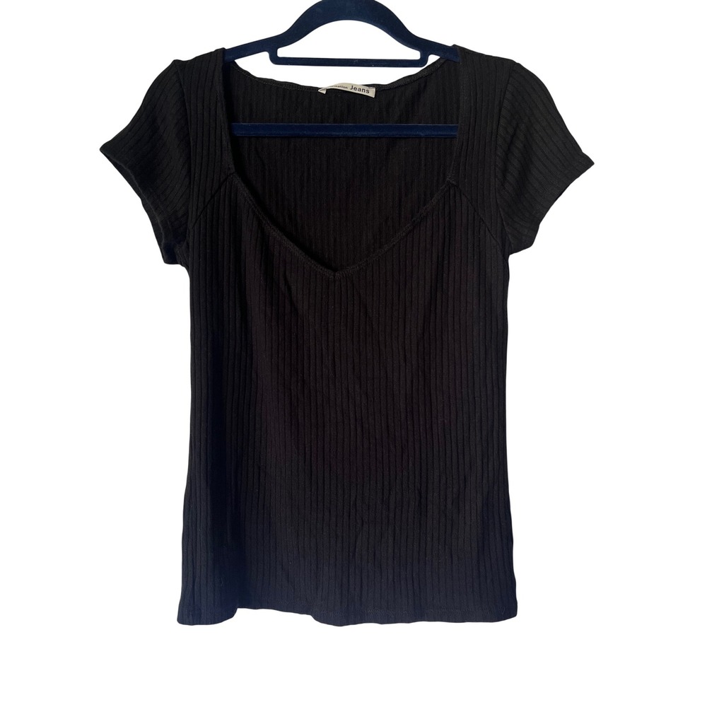 Reformation Jeans Black Ribbed V-Neck Short Sleeve Top Size Medium Tencel USA